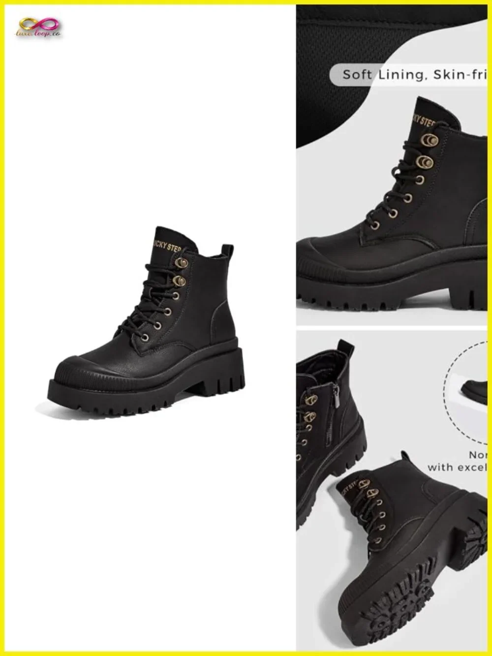 Vegan Leather Platform Ankle Boots with Side Zipper and Lug Sole